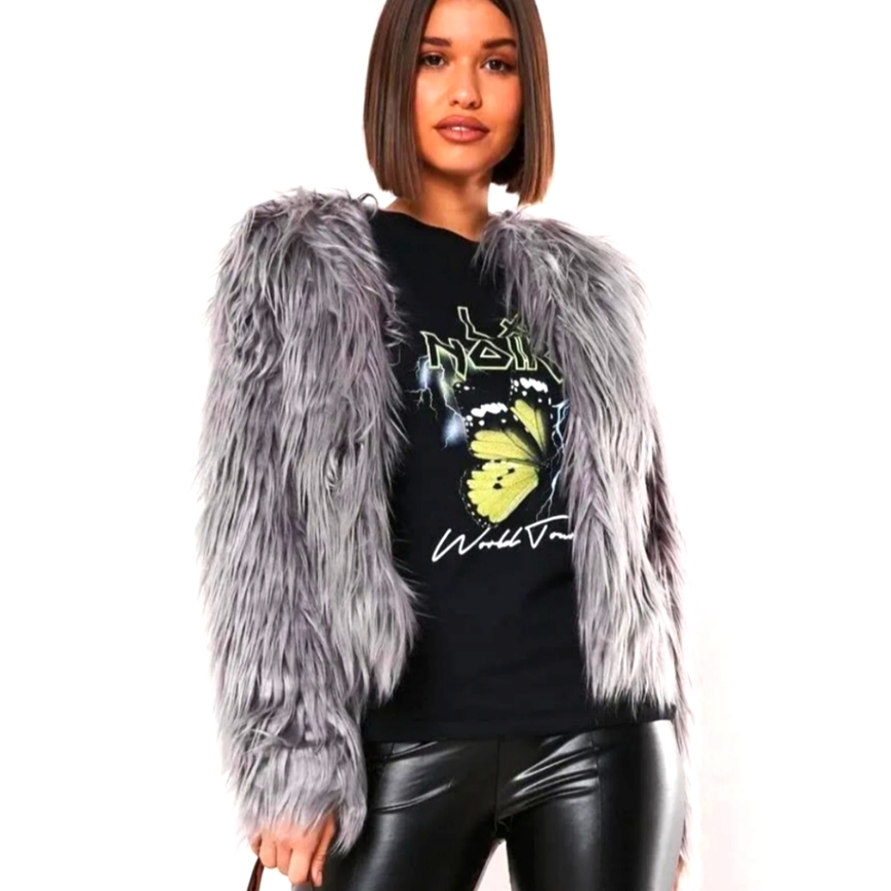 Gray faux fur shaggy coat NWT